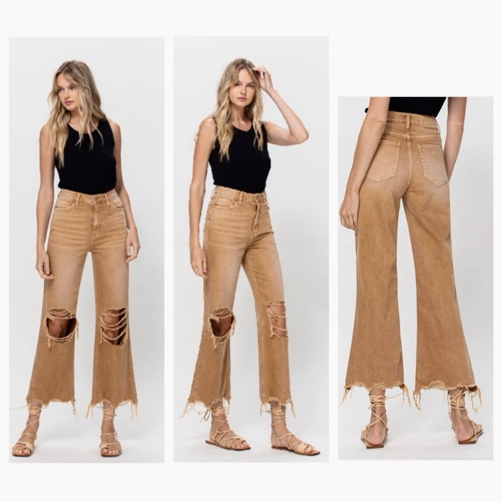 Women's Tan Cropped Distressed Jeans